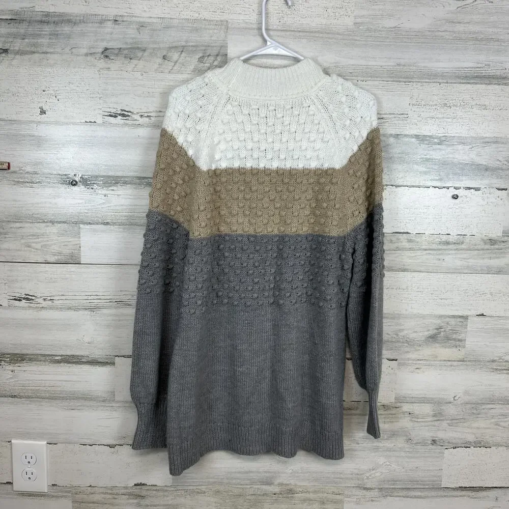 Calvin Klein Women's Colorblocked Popcorn-Knit Sweater (Latte/Granite/White) L